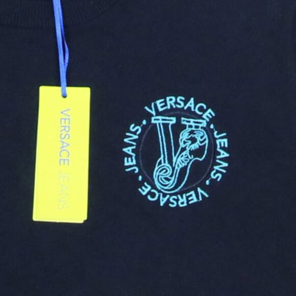 Versace Jeans 100% Cotton Crew Neck Embroidered Logo Pullover Sweater S NWT Navy - Picture 2 of 2